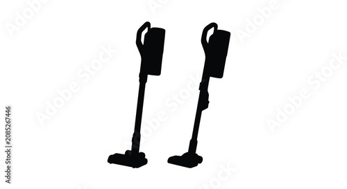 Photos Two cordless stick vacuum cleaners depicted as a black silhouette against a whit