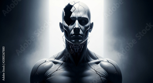 Android figure with cracked surface and hollow head against bright light. Sci-fi humanoid exhibiting mechanical damage and internal wiring. AI malfunction and mental health concept for tech media.