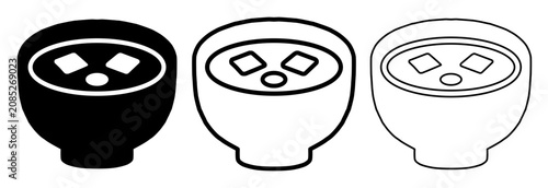 角切りの豆腐と小さな丸い具材が入ったシンプルな味噌汁を、脚付きのお椀に描いた和食アイコン。黒く塗りつぶしたシルエット版と、線の太さが異なる2種類の線画版のセット。