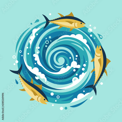 Three tuna fish swimming in a circular blue ocean whirlpool