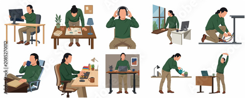 Flat Style Diverse Character Scenes Demonstrating Various Home Office Activities and Work Routine