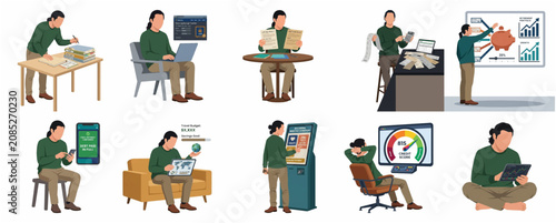Diverse Modern Business Activities and Lifestyle Scenes Featuring a Person Engaged in Various Tasks