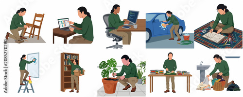 Flat Design Illustration of Person Performing Various Household Chores and Activities