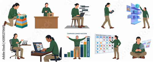 Modern Professional Man Performing Various Business And Office Tasks Daily Routine Illustrations