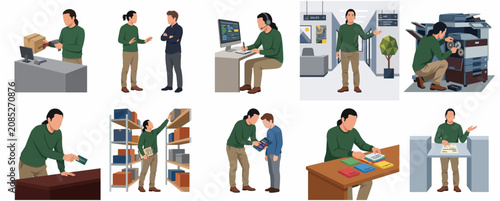 Diverse Business Service Activities Depicting Professional Workplace Interactions and Tasks