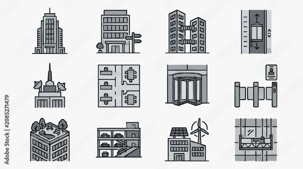 Fototapeta premium Corporate Urban Infrastructure Icons Showcasing Modern Buildings Offices Elevators and Sustainable Energy Solutions in Monochrome