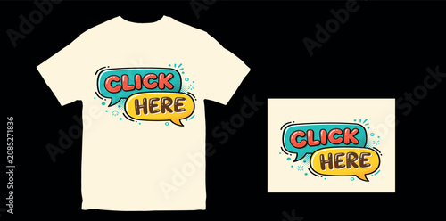 Cuadro en lienzo Click Here Comic Pop Art Typography T-Shirt Design with Speech Bubble in Teal, R