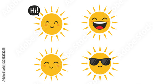 Four cute sun icons with happy expressions including one wearing sunglasses and another saying hi in a bubble.