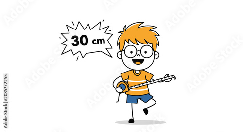 Cartoon boy with glasses holding a tape measure while a speech bubble shows thirty centimeters measurement.