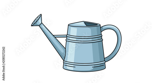 Classic light blue metal watering can with a handle and long spout for gardening and plant care isolated on a white background.