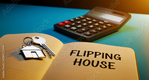 House keys on a notebook with Flipping House text next to a calculator. Real estate investment planning for property renovation. Financial strategy concept for marketing and resale profit.