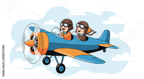 Two young children dressed as pilots flying a blue and orange vintage propeller airplane through the clouds.