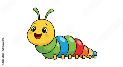 Colorful toy caterpillar illustration made of multiple round segments in bright colors like blue green and red.