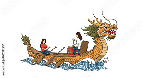 Colorful dragon boat with two women rowing and drumming on a wavy blue sea for traditional Chinese festival celebrations.