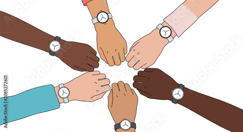 Diverse group of people putting their hands together in a circle while wearing different styles of wristwatches.