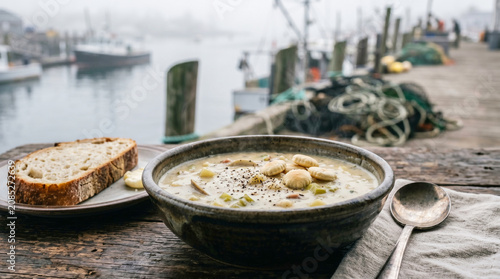 Creamy New England Clam Chowder with Oyster Crackers Served in Rustic Harbor Setting