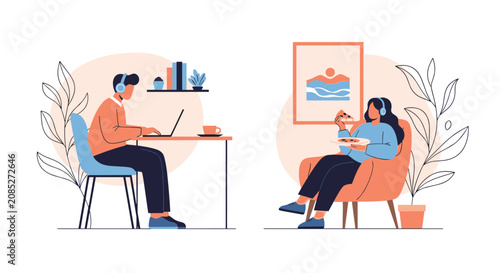 Young man works on laptop while woman relaxes in armchair wearing headphones and eating pizza in a modern and cozy home environment.