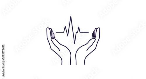 Minimalist outline illustration of two hands gently holding a heartbeat pulse line symbolizing care, medical support, and health awareness.