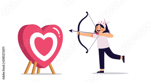 Young girl wearing a polka dot bandana shooting an arrow at a large pink heart-shaped target for a Valentine day theme.