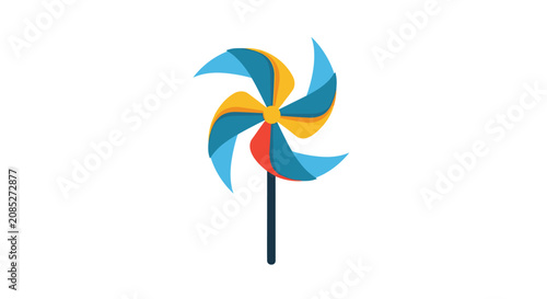 Brightly colored children's pinwheel toy with blue, red, and yellow vanes on a dark stick for outdoor play.