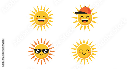 Set of four yellow sun icons with different happy facial expressions including sunglasses and a red baseball cap for summer.
