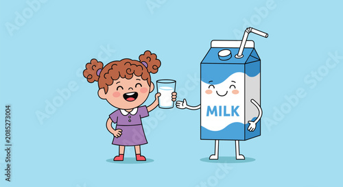 Happy young girl holding a fresh glass of milk next to a friendly personified milk carton character with a straw on blue.
