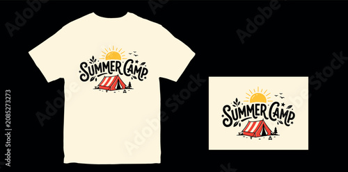Summer Camp Vintage Typography T-Shirt Design with Tent, Sun, Trees, and Birds for Outdoor Adventure and Nature Apparel