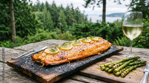 Pacific Northwest Cedar Plank Salmon with Asparagus Lemon and White Wine Outdoors