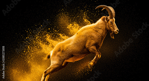 Golden mountain goat jumping through an explosion of dust. Ibex leaping against a black background with glowing particles. Dynamic wildlife power concept for dramatic nature marketing.
