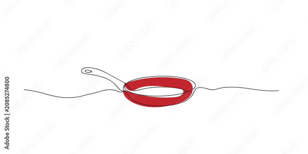 Fototapeta premium Single line abstract frying pan. Continuous line drawing of nonstick skillet for everyday cooking. Kitchen cookware theme. Elegant graphic style. One line vector illustration.
