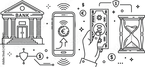 Mobile banking processing online payment transaction and cash deposit system line art icon set for corporate financial security services,