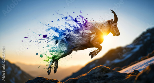 Mountain goat jumping with vibrant watercolor paint splashes. Artistic ibex leaping over rocks at sunrise in snowy mountains. Dynamic wildlife concept for inspirational and creative designs.