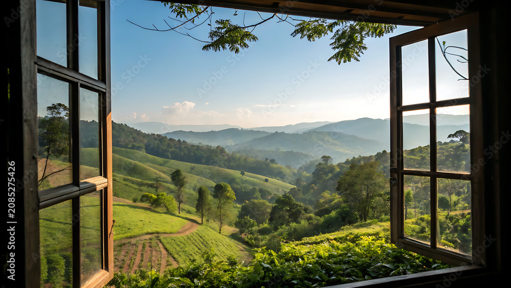 Fototapeta premium landscape nature view background. view from window at a wonderful landscape nature view with space for your text in Chiangmai, Thailand , Indochina