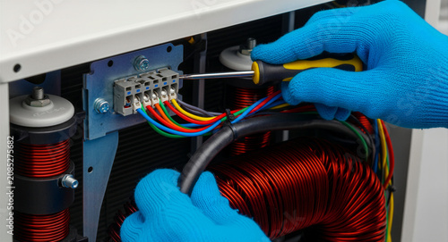 Electrician in blue gloves repairing industrial equipment. Technician installing wires into terminal block with copper coils. Engineering maintenance concept for power utilities and infrastructure.