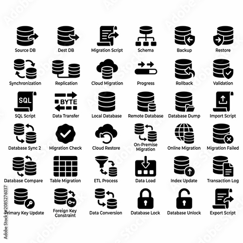 Принти на полотні Collection of database management and data migration solid icons, illustrating various processes and concepts in data handling and system updates