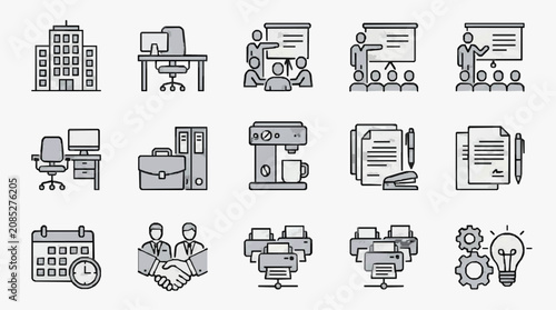 Tableau sur toile Professional Monochrome Icons Set Featuring Office Workspace Meetings Documents