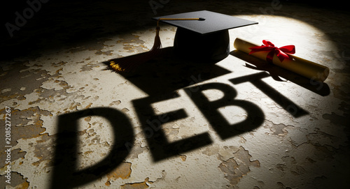 Graduation cap and diploma casting a shadow spelling the word DEBT. Objects rest on a cracked surface under a harsh spotlight. Student loan crisis concept for finance and education marketing.