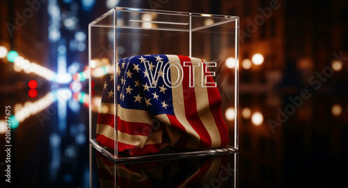Transparent ballot box containing an American flag with etched VOTE text. Glass container sits on a reflective surface against blurred city lights. Democracy concept for US election campaigns.
