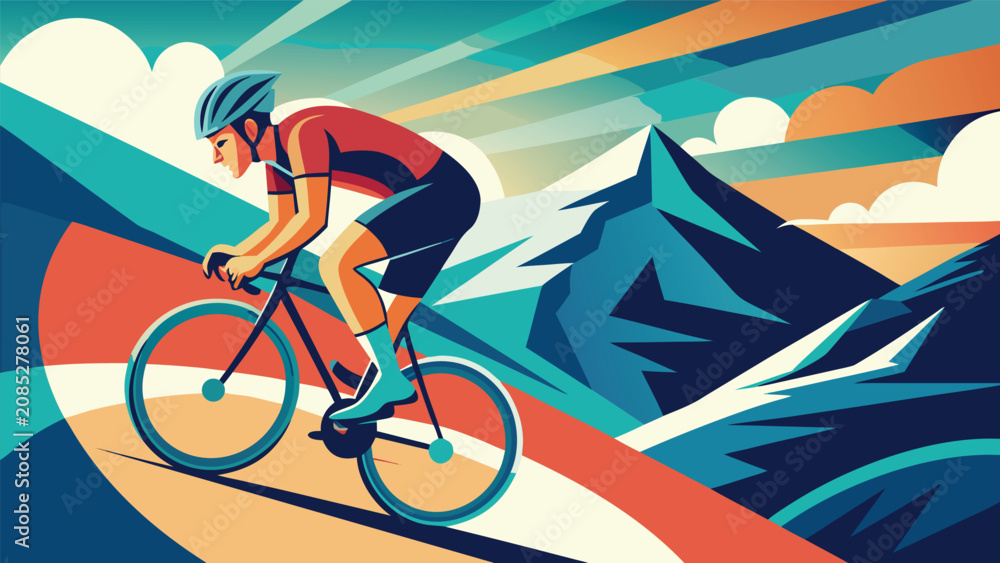 Fototapeta premium Cyclist racing downhill through colorful geometric mountains during a vibrant sunrise with sun rays