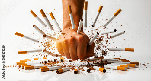 Human fist smashing cigarettes on white background with tobacco explosion. Hand punch breaking products to symbolize ending addiction. Quit smoking concept for health awareness marketing.
