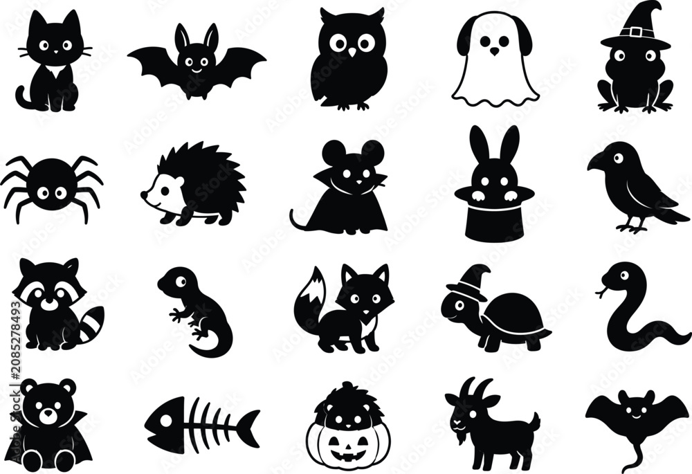 Obraz premium Halloween animal silhouettes black vector icons on a white background for festive designs flat cartoon