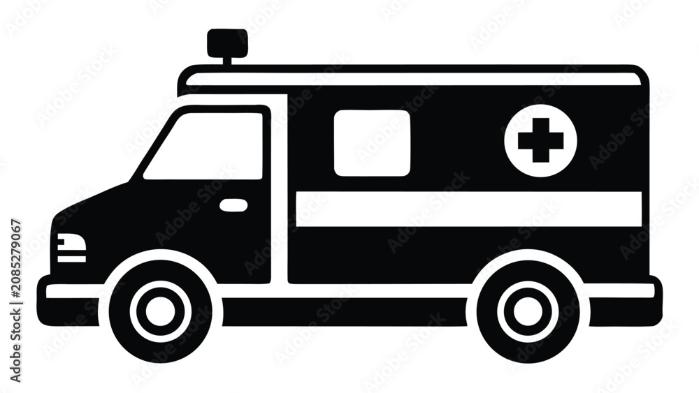 Fototapeta premium Ambulance vehicle with cross emblem in silhouette on white background for emergency services
