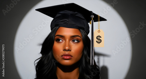 Young graduate wearing mortarboard with dollar sign price tag. Female student looking thoughtfully away against spotlight background. High cost of education concept for loan and financial aid news.