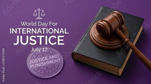 World Day for International Justice layout with law book judge gavel and round text stamp seal