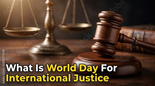 Close up view of law scales and judge gavel banner for World Day for International Justice