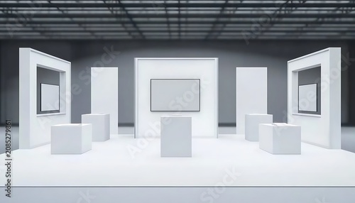 Modern exhibition booth with large blank screen and display pedestals clean design.