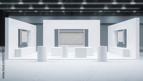 Modern exhibition booth design with clean white geometric shapes and displays.