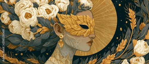 Stylized Female Profile with Golden Wheat Mask and Floral Crown
