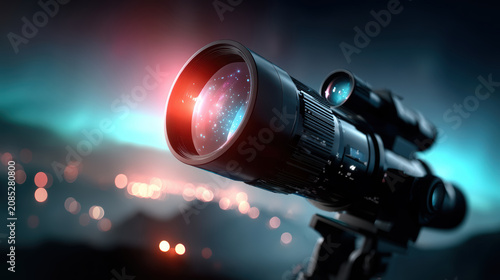Close lens view of a telescope reflecting stars and aurora on a tripod for astronomy poster background and banner design