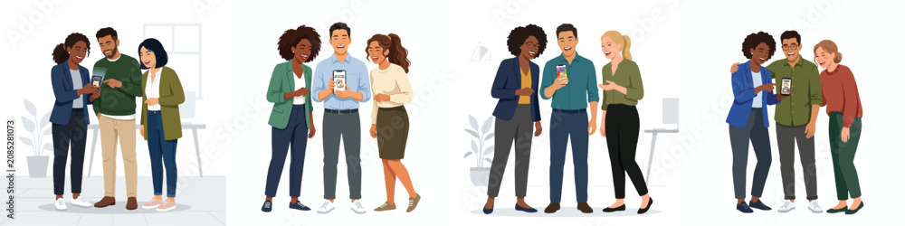 Fototapeta premium Full body flat design of a group of three diverse colleagues sharing a funny meme on a smartphone and laughing together, minimalist office attire, semi-realistic modern, no outline, white background.